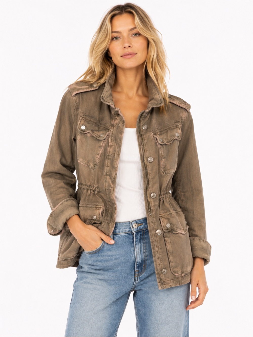 Free People Size Medium Washed Brown Green Utility Jacket with Button Front